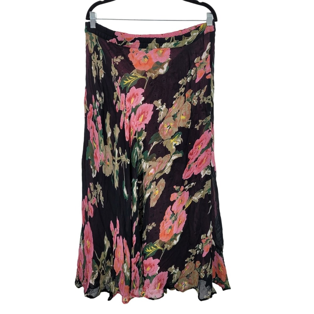 Vtg Reversible Fairy Grunge Midi Skirt Sz M‎ Ditzy Dark Floral Pink Ruffle India